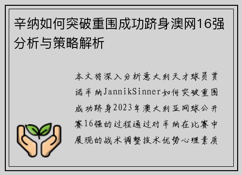 辛纳如何突破重围成功跻身澳网16强分析与策略解析