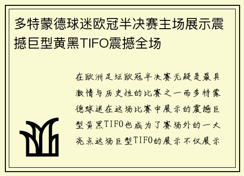 多特蒙德球迷欧冠半决赛主场展示震撼巨型黄黑TIFO震撼全场